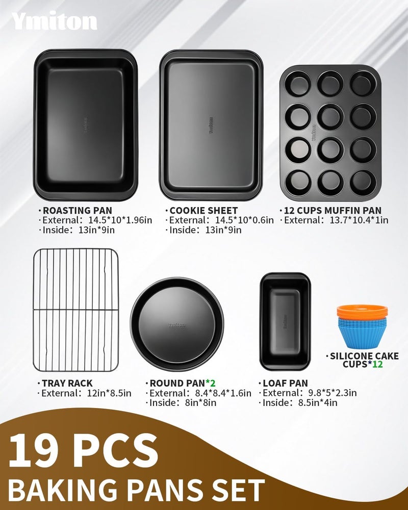 Ymiton Nonstick Baking Pans Set, 19 PCS Stackable Bakeware Sets, Oven Pan Set Includes Baking Tray, Cookie Sheet, Cake Pans, Loaf Pan, Muffin Pan, Silicone Cups - Image 3